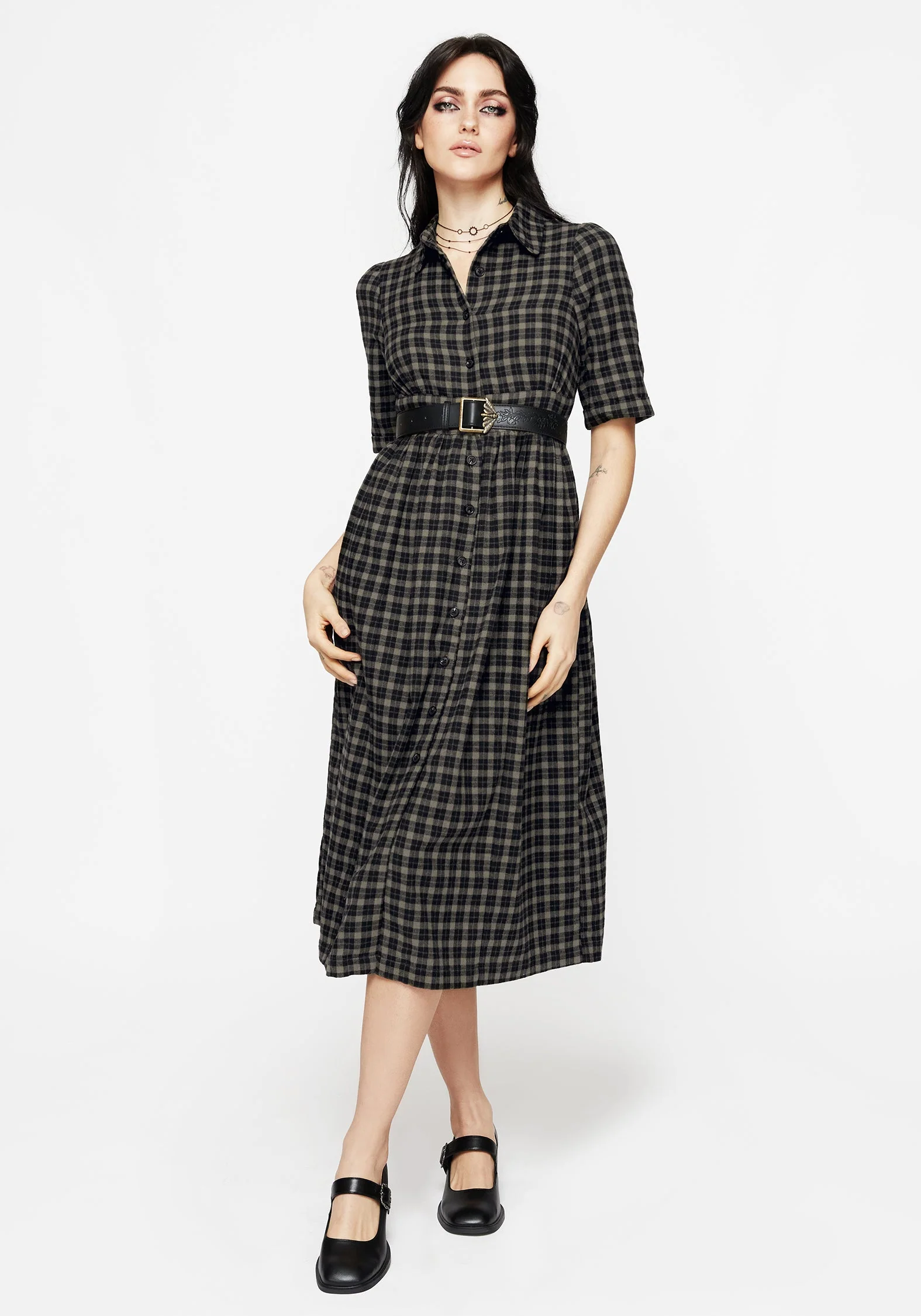Terra Midi Rüsche Hemd Kleid - Olive