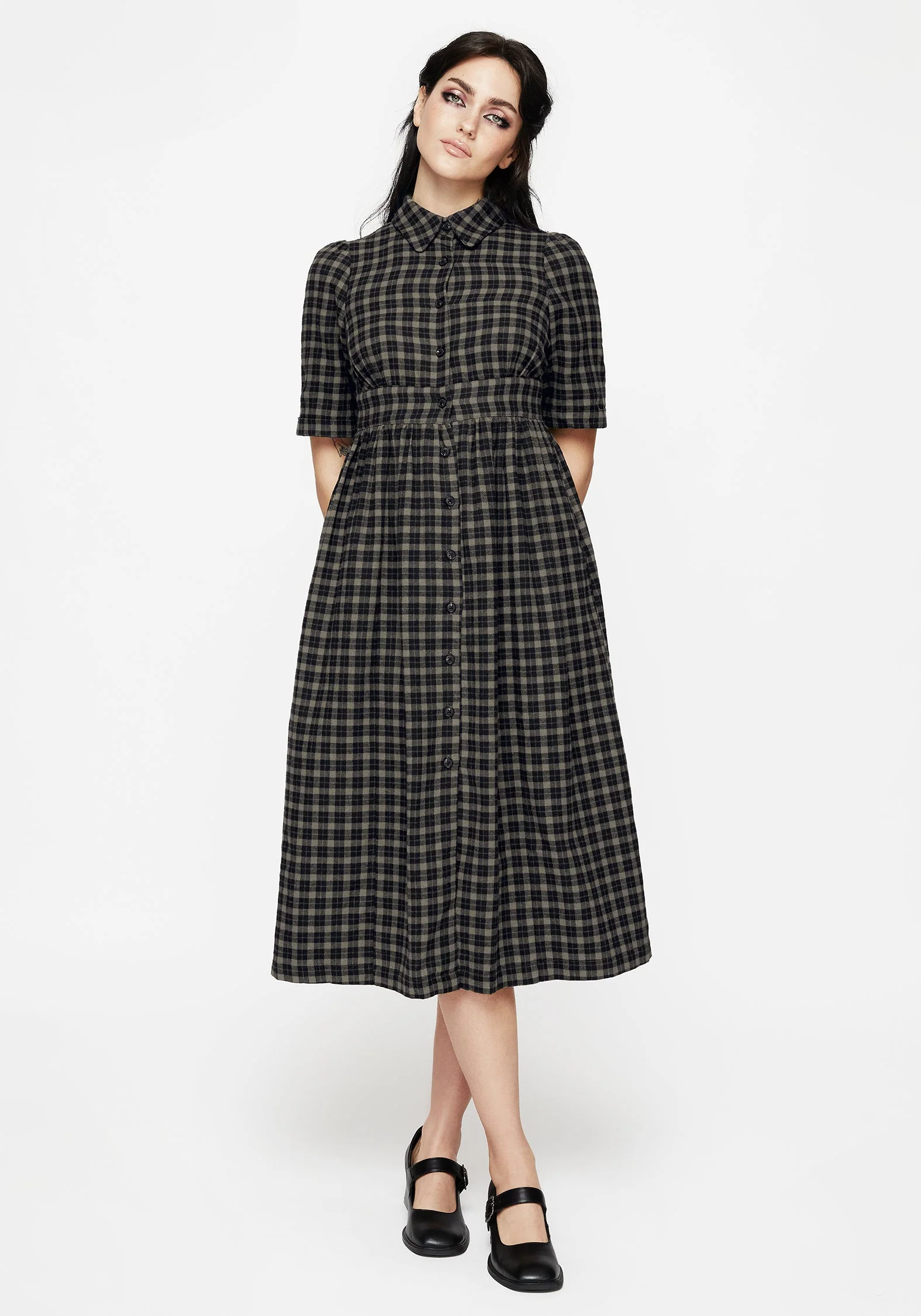 Terra Midi Rüsche Hemd Kleid - Olive - Image 6