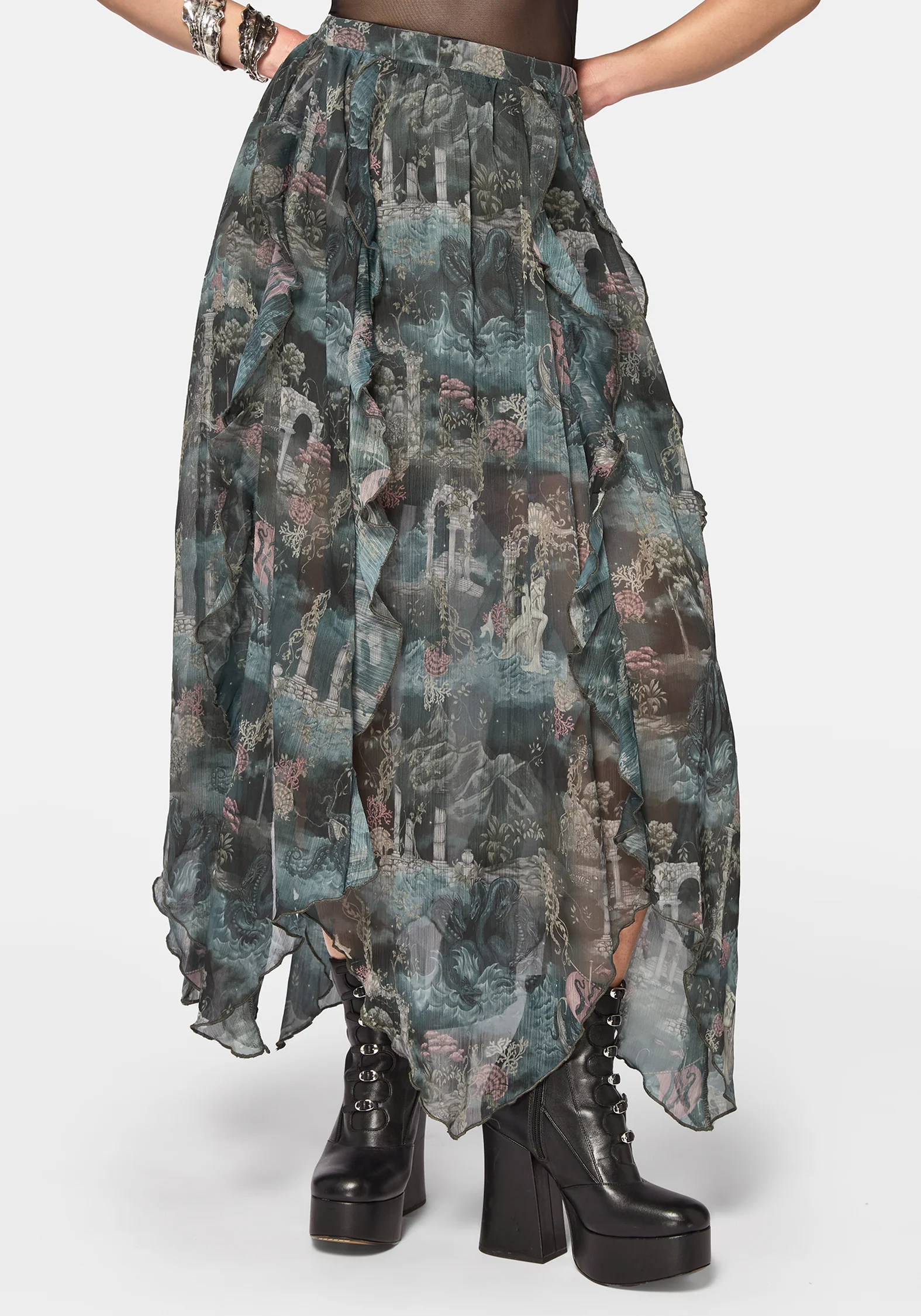 Thalassa Print Hanky Hem Chiffon Midi Skirt - Image 2