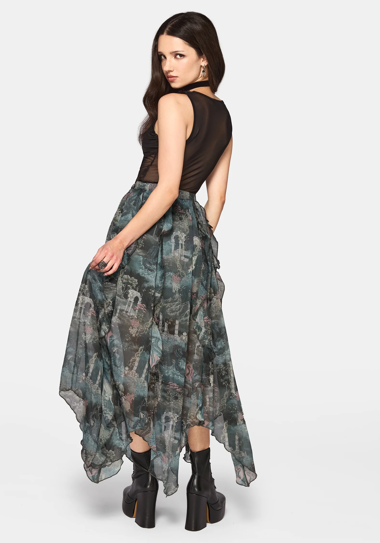 Thalassa Print Hanky Hem Chiffon Midi Skirt - Image 4