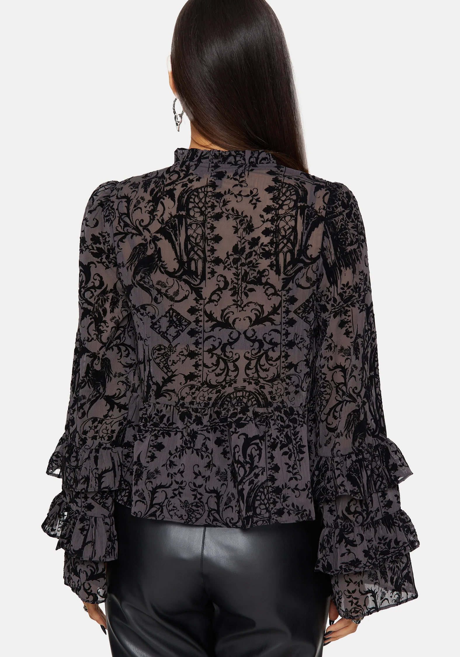 Thorned Beflockt Castle Druck Chiffon Rüsche Bluse - Image 3