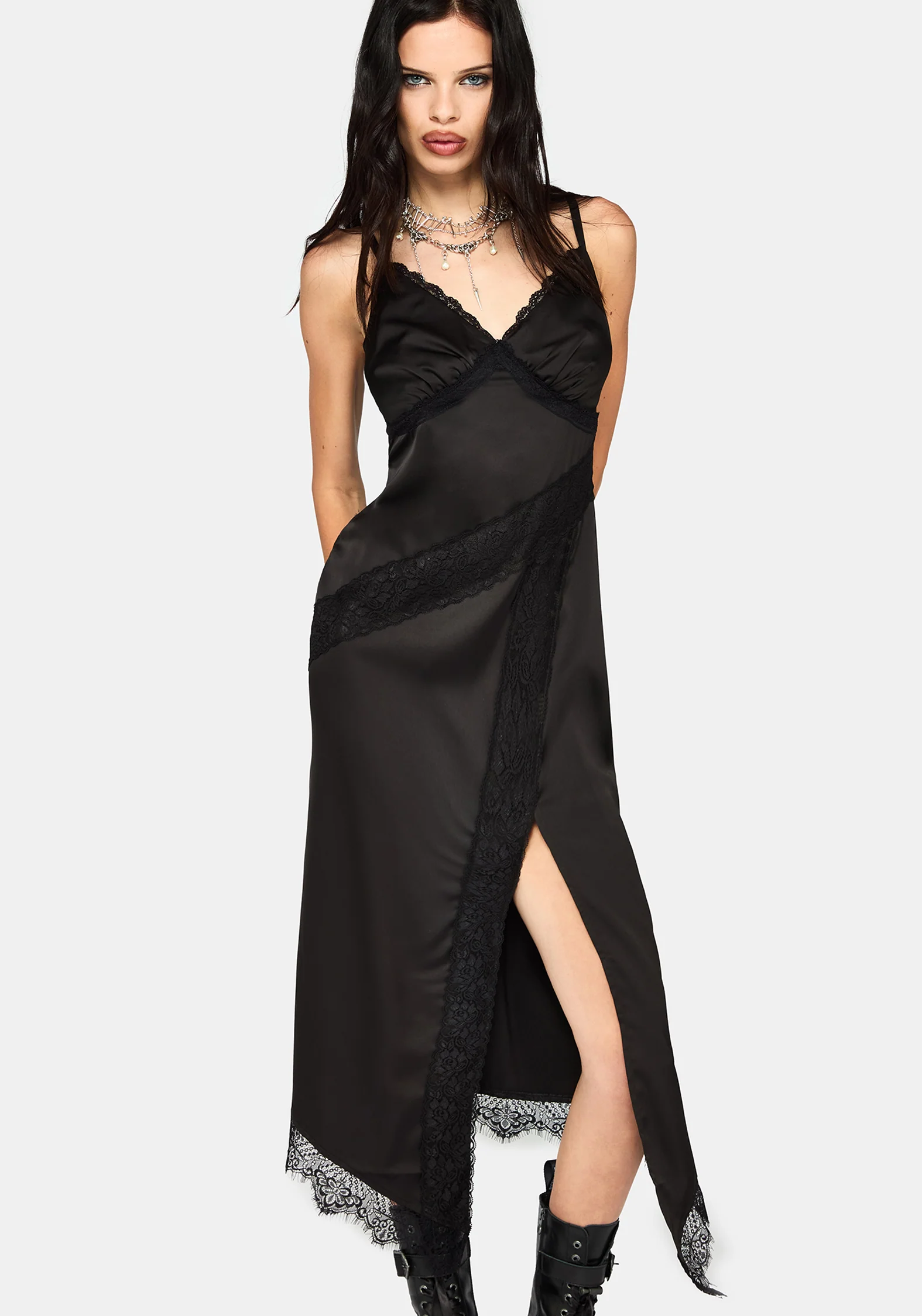Tova Lace Trim Asymmetric Midaxi Dress