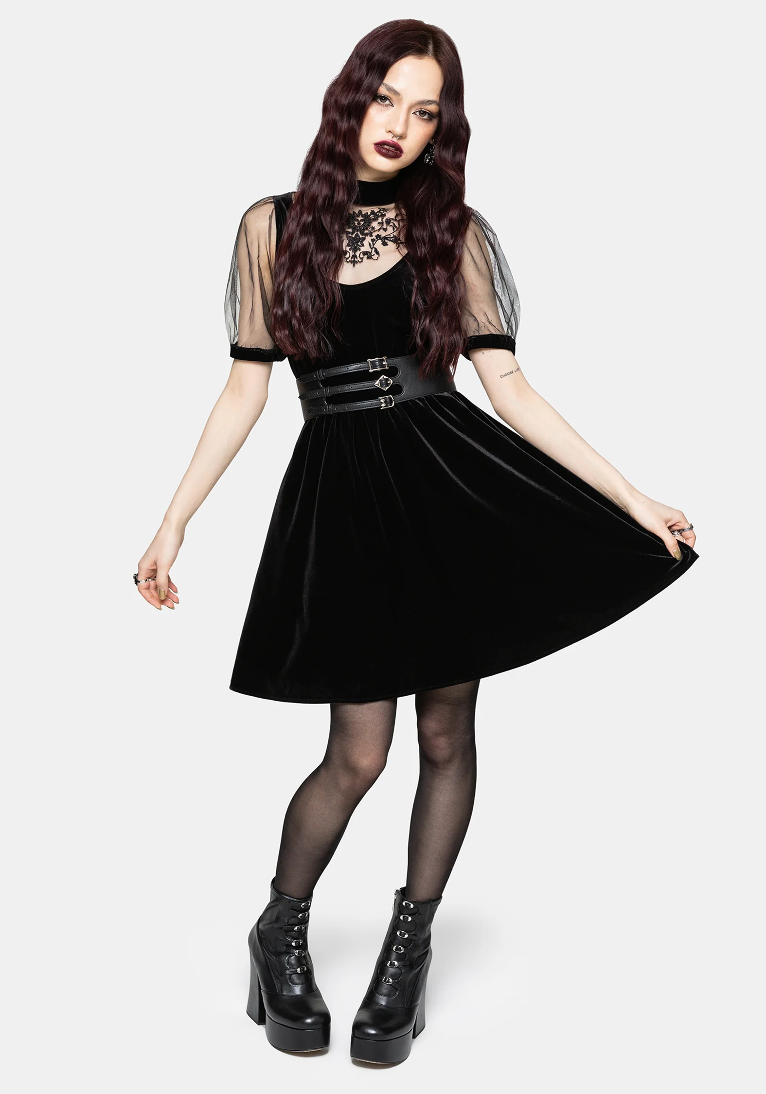 Trixie Velours Mesh Bestickt Mini Rüsche Kleid - Image 5