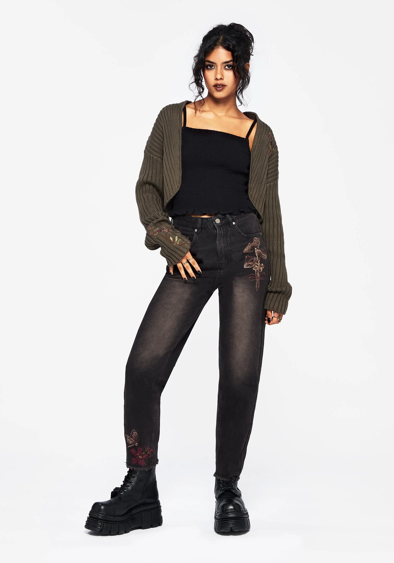 Valeria Blumenmuster Motte Bestickt Mom Jeans - Image 4