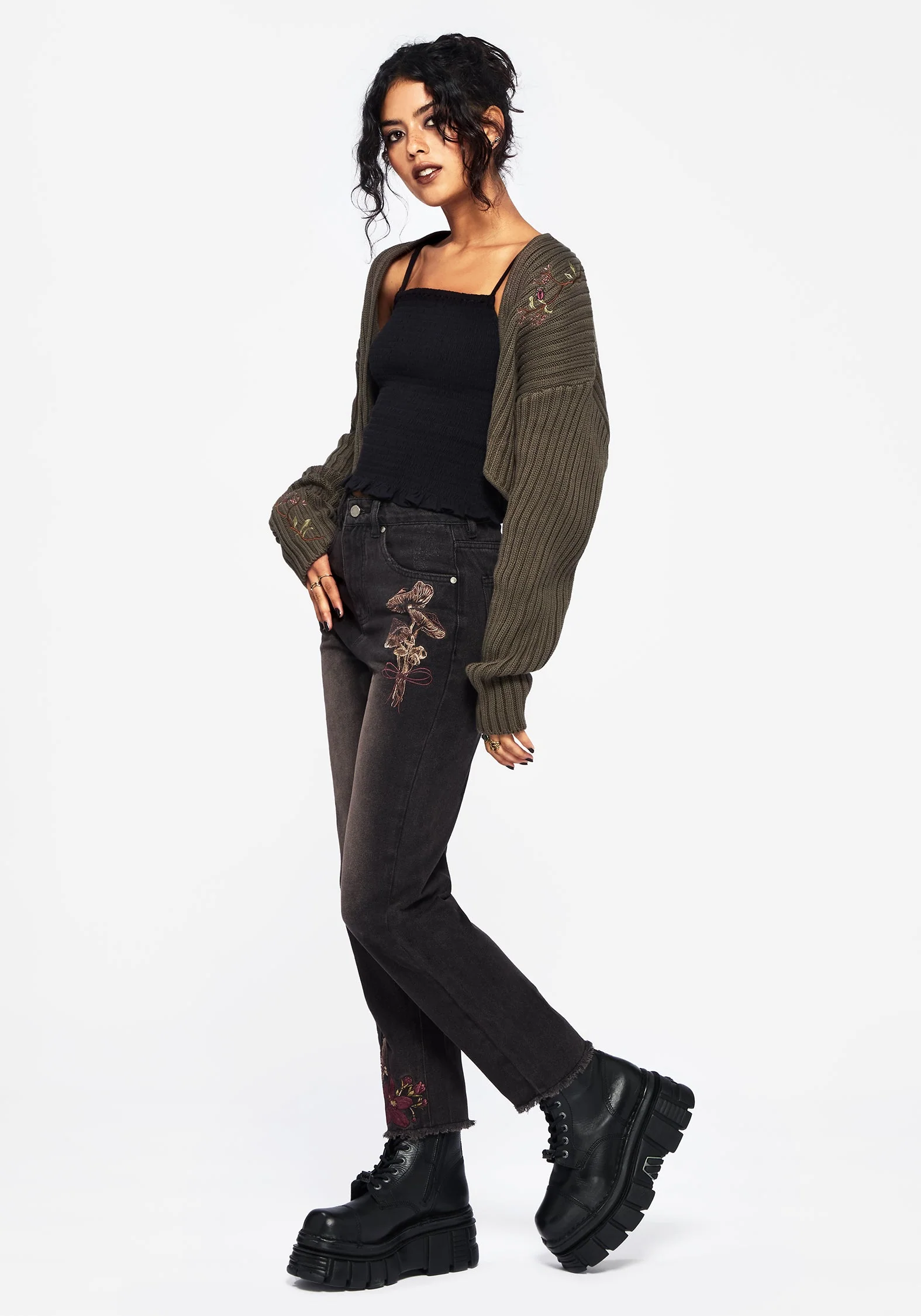Valeria Blumenmuster Motte Bestickt Mom Jeans - Image 6