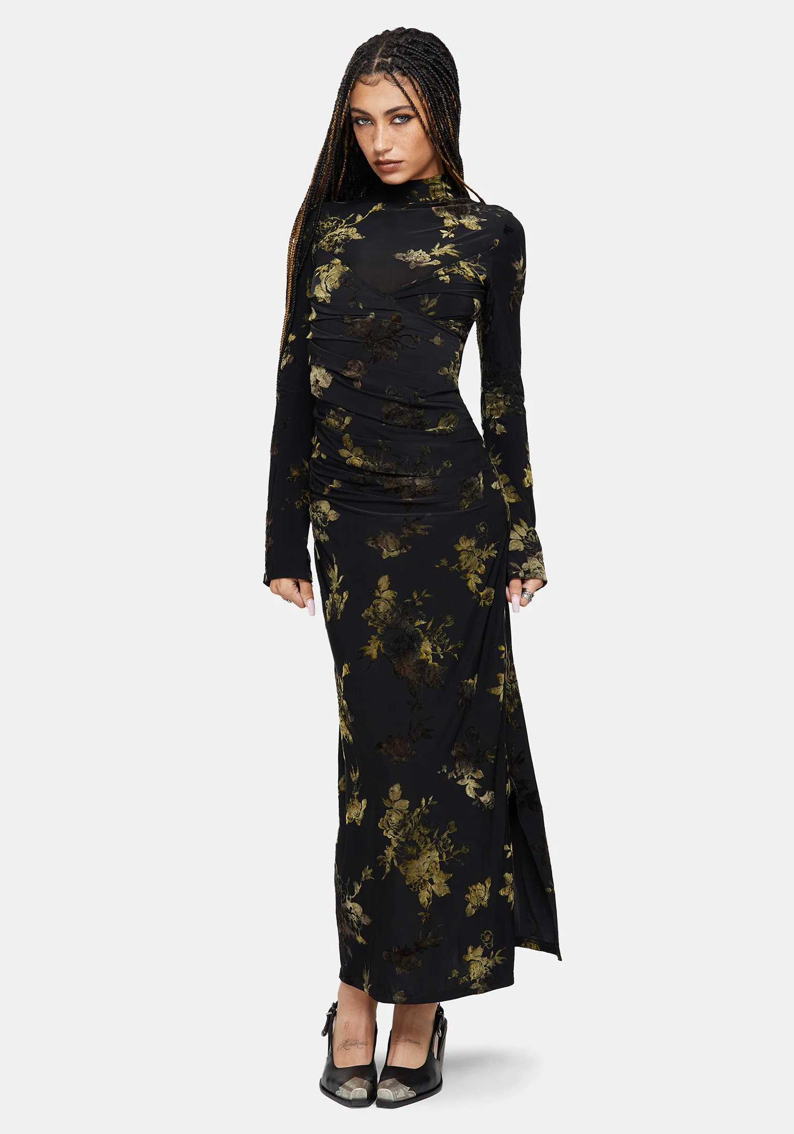 Velda Blumenmuster Beflockt Mesh Maxi Kleid - Image 4