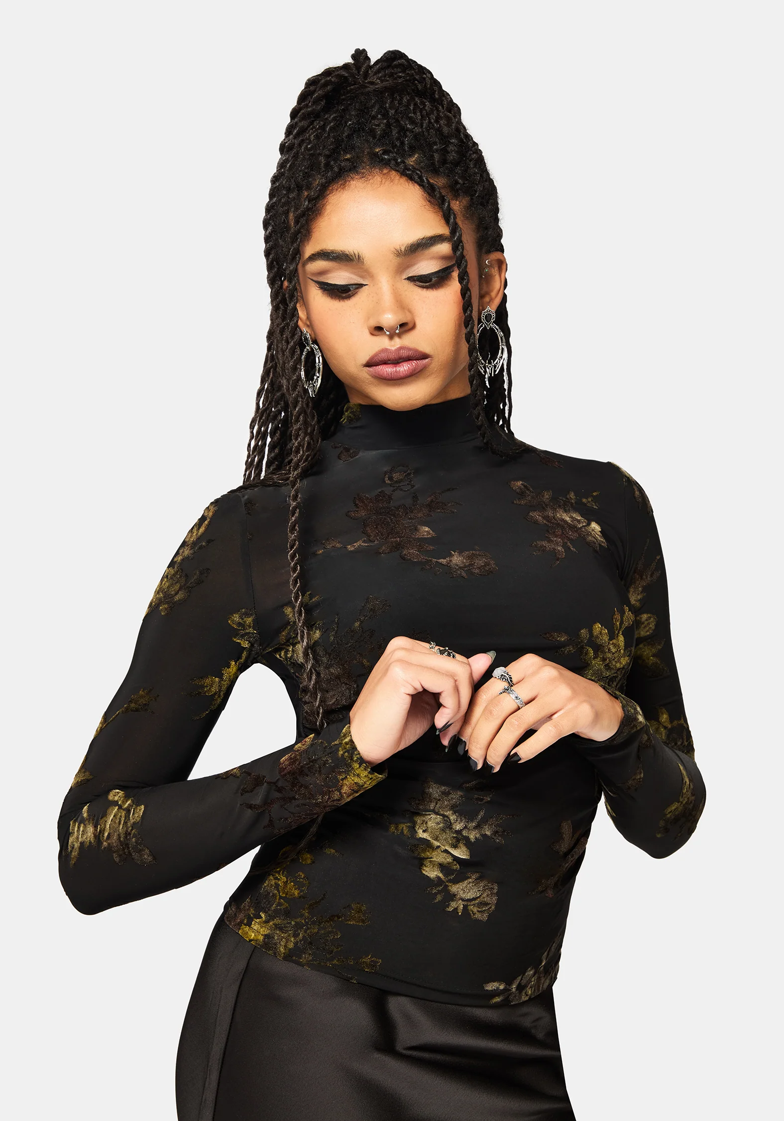 Velda Blumenmuster Beflockt Ruche Seite Mesh Top - Image 4