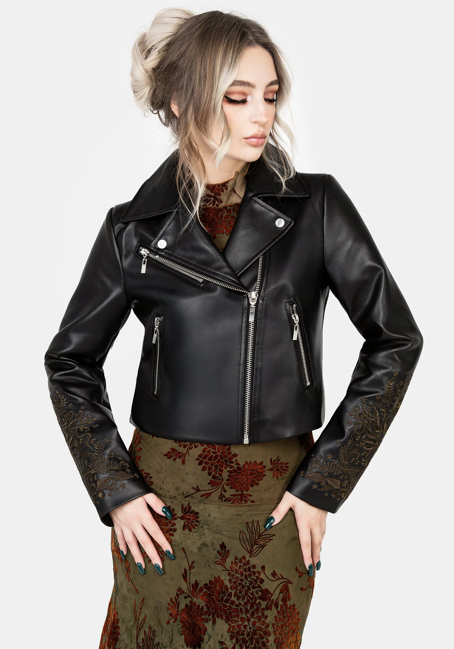 Vervain Bestickt Kunst- Leder Biker Jacke - Image 9