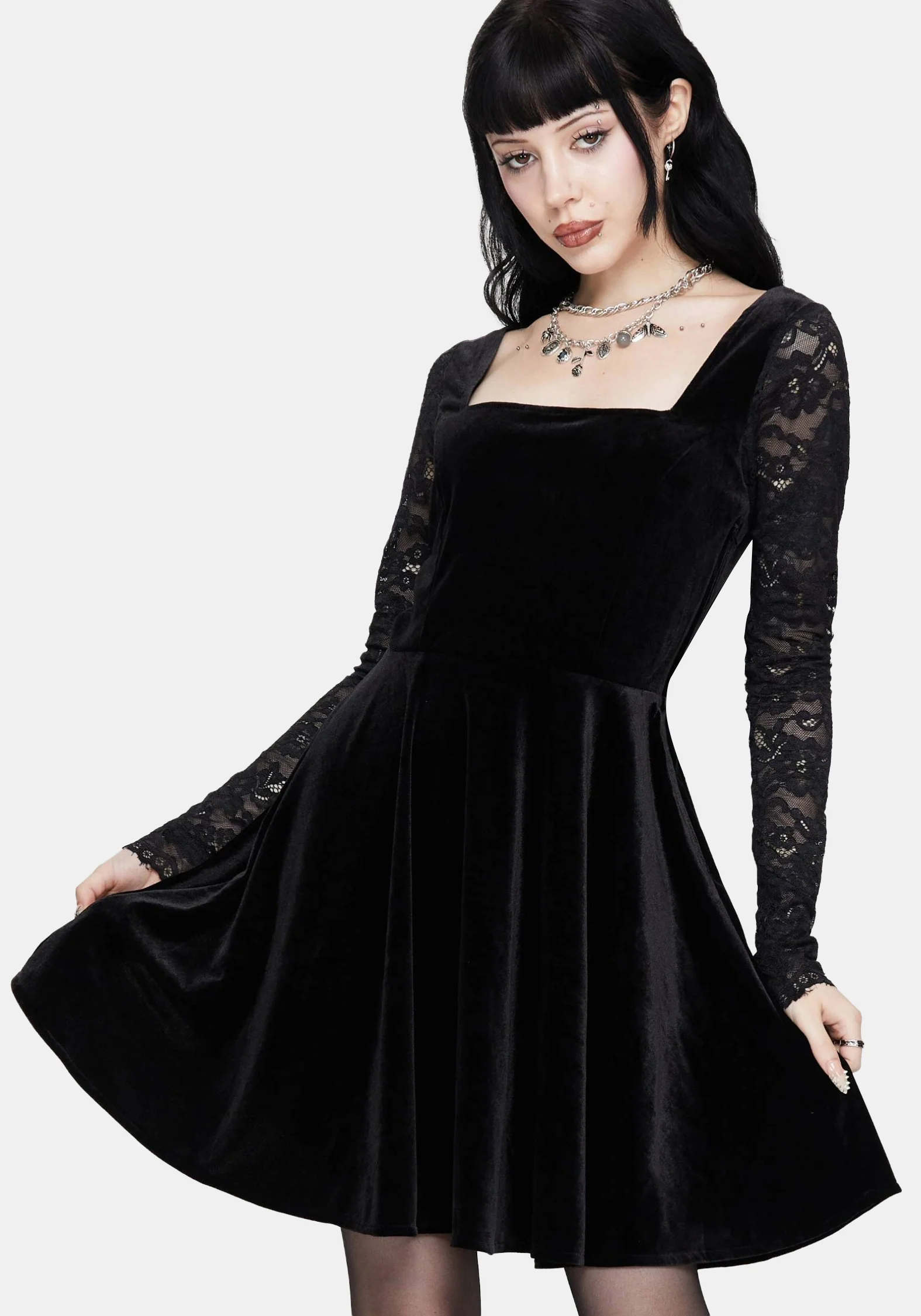 Vice Spitze Ärmel Velours Mini Kleid