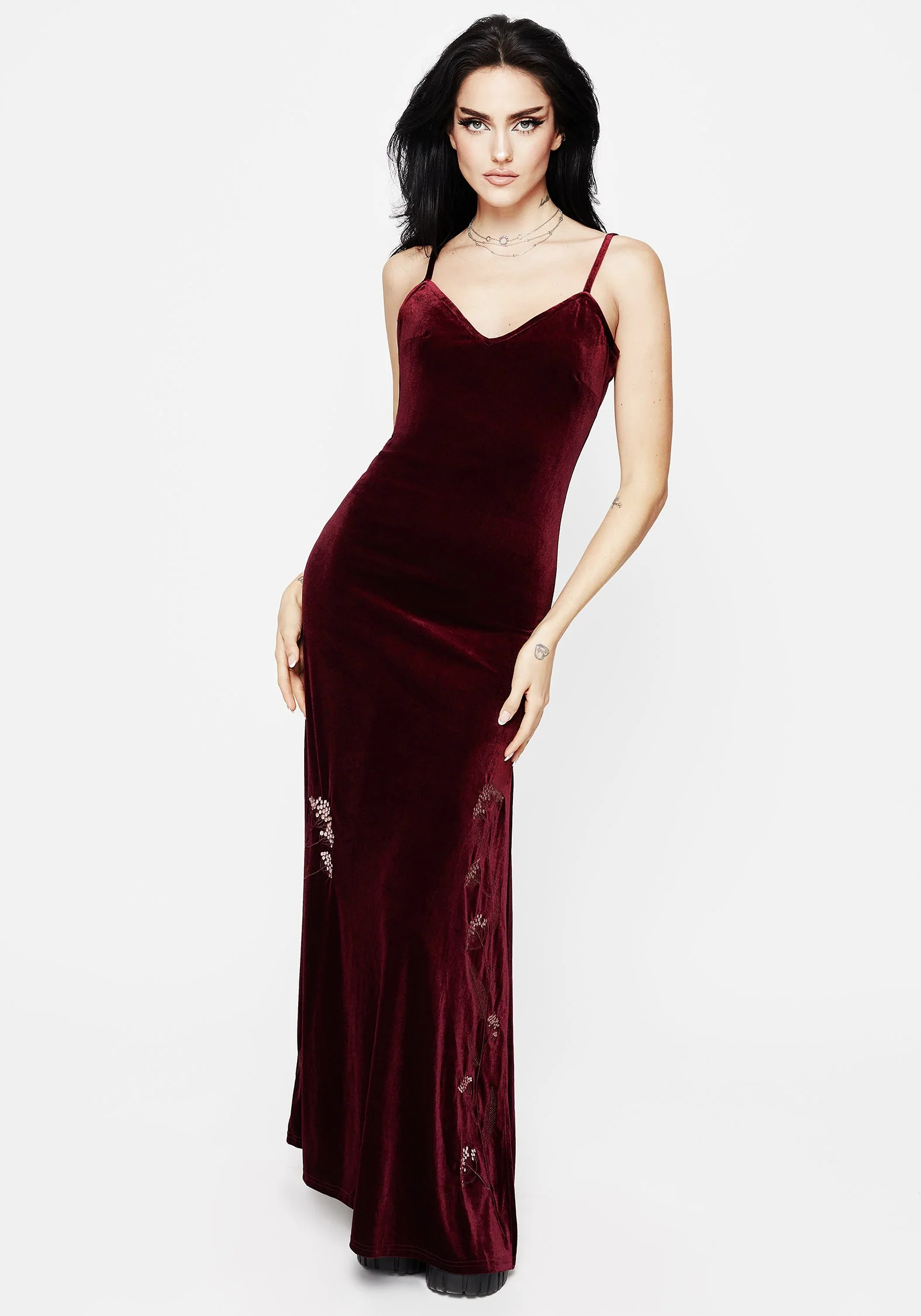 Virosa Blumenmuster Bestickt Velours Kleid - Image 4