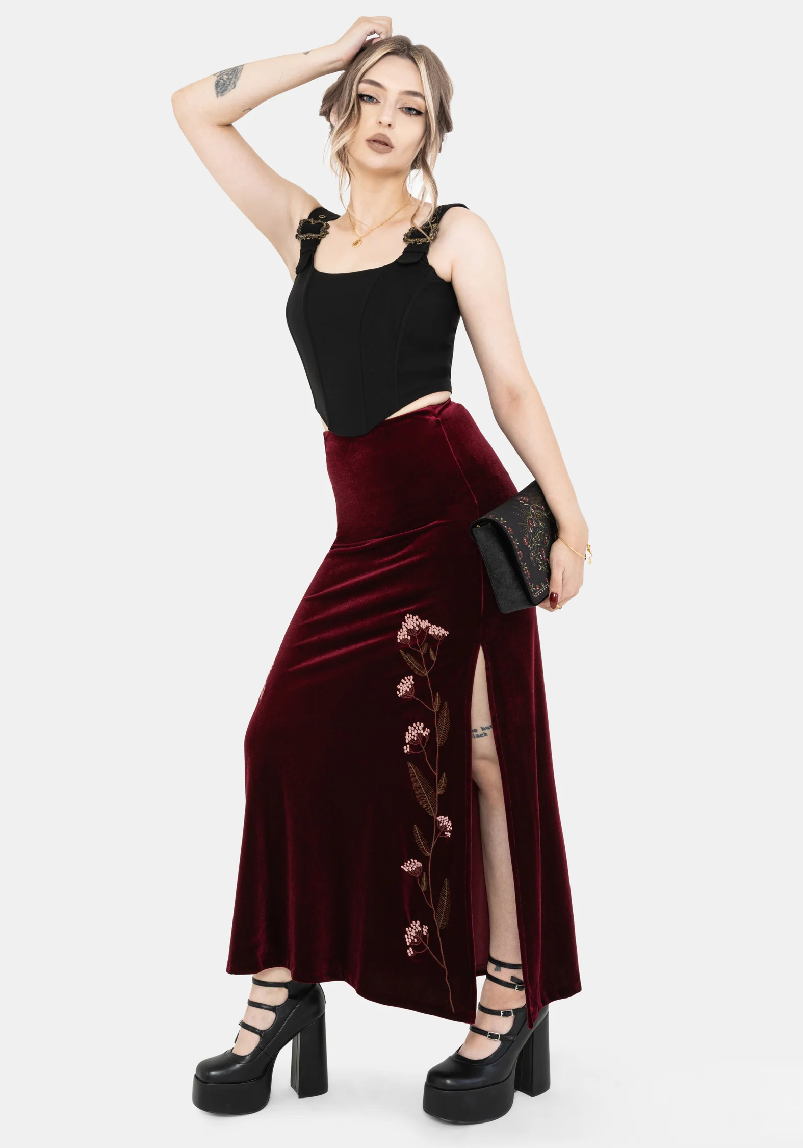 Virosa Blumenmuster Bestickt Velours Maxi Rock - Image 4