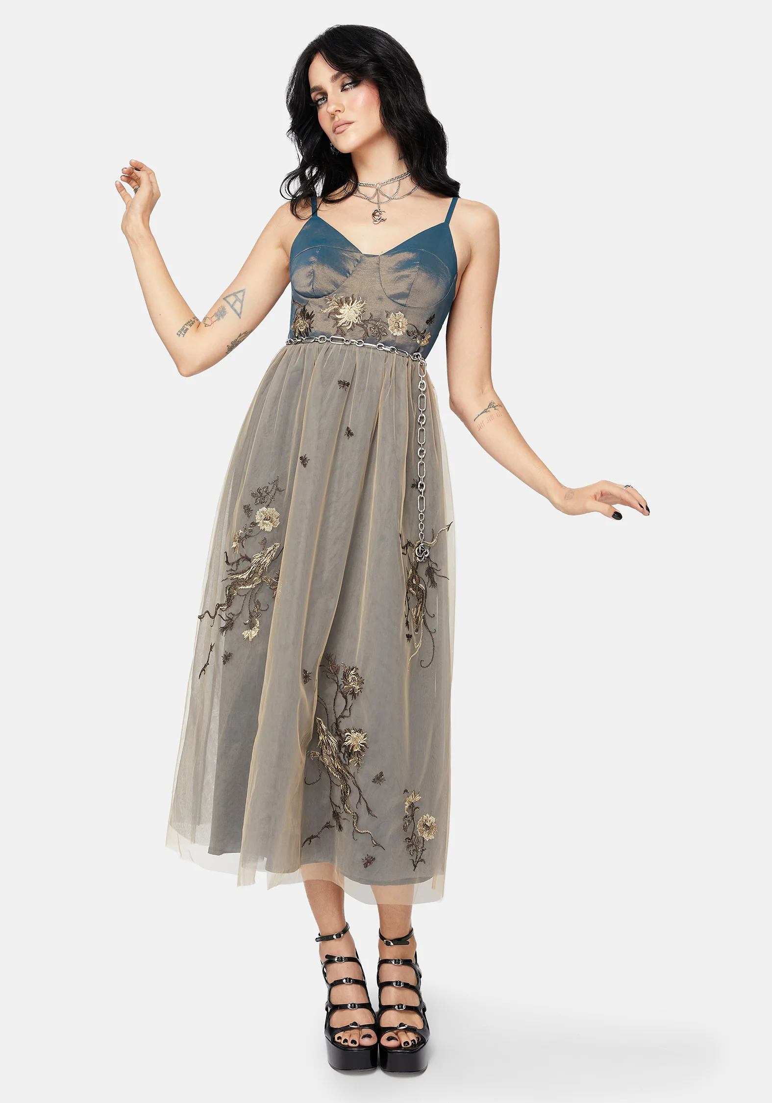 Whim Drache Bestickt Tüll Midaxi Kleid - Image 5
