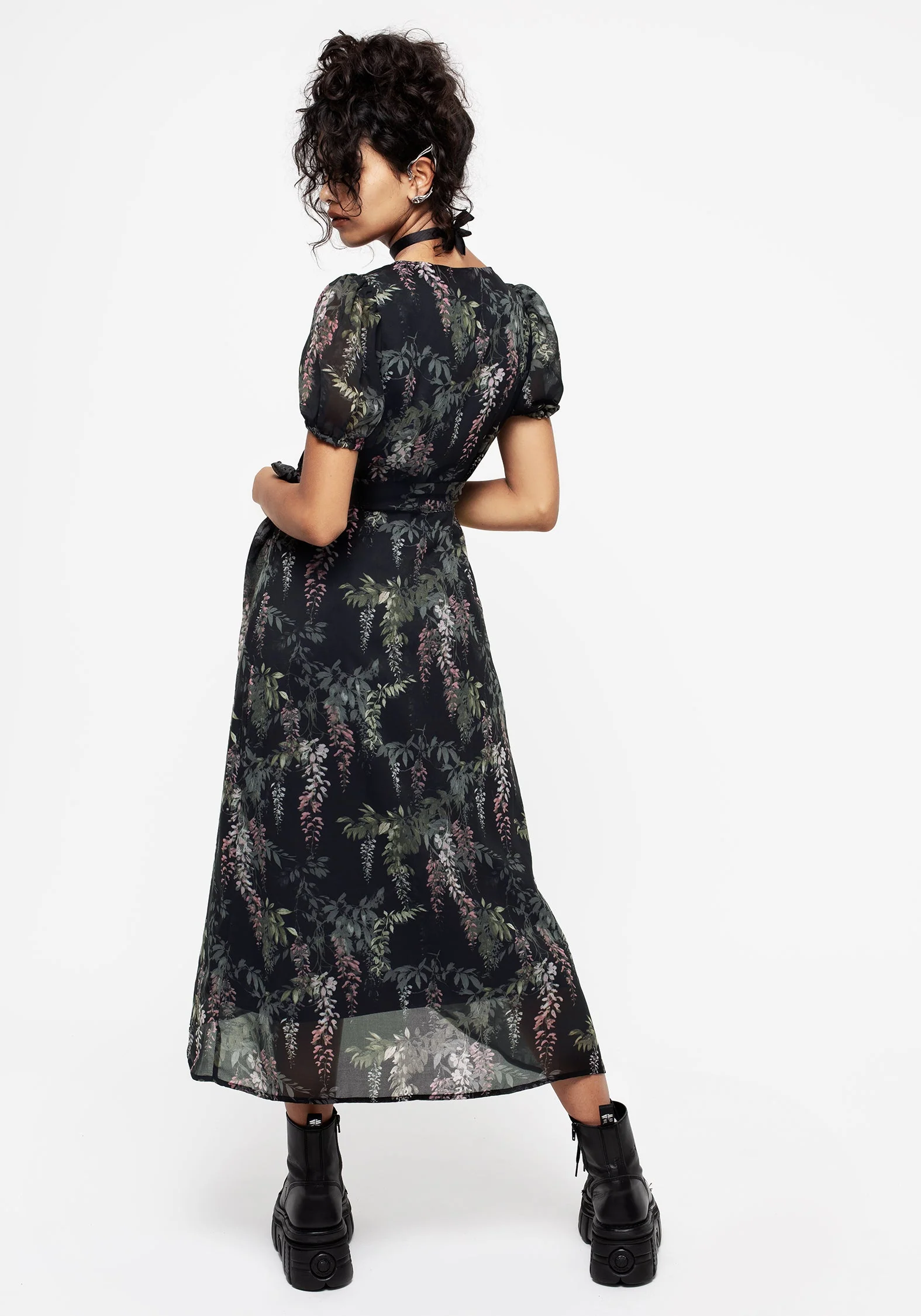 Wisteria Blumenmuster Druck Chiffon Midi Wickel Kleid - Image 2