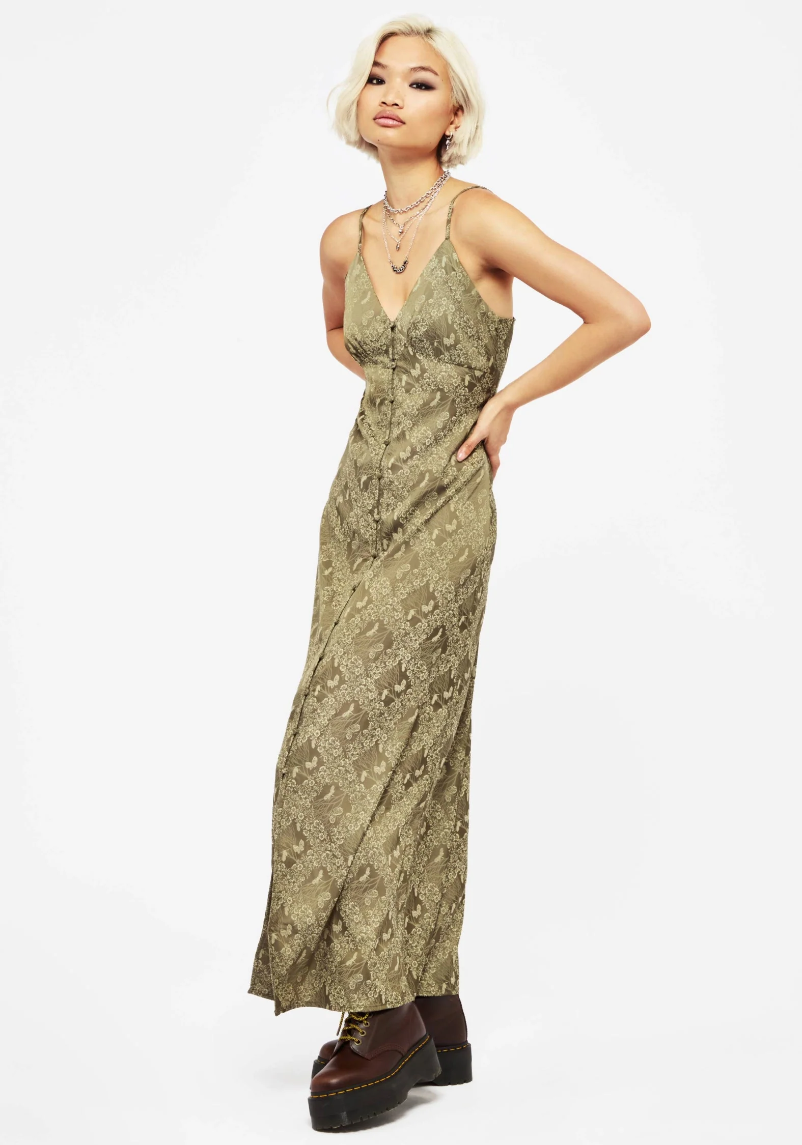 Yara Blumenmuster Druck Knopf Hoch Maxi Slip Kleid - Image 5